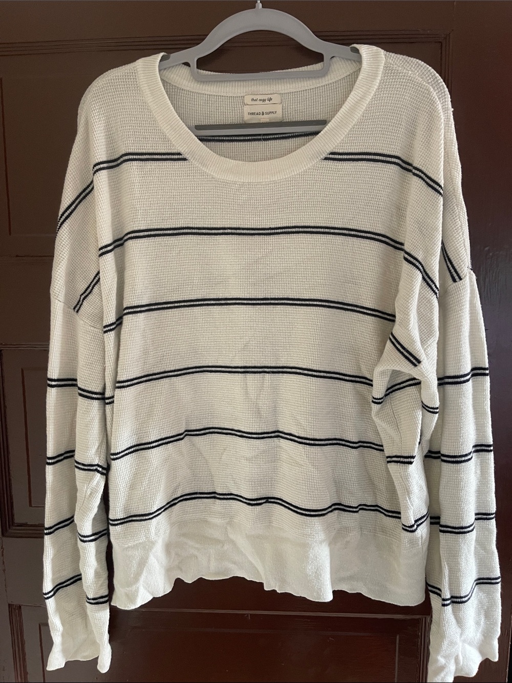 Thread & Supply 'That Cozy Life' Knit Sweater in White with Navy Trim